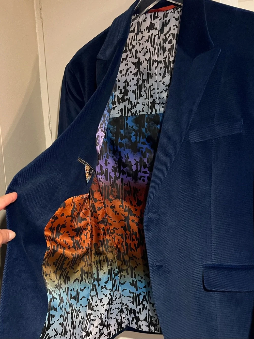 Robert Graham Navy Blue Velvet Corduroy Blazer Printed Lining 44 R Detail Art EC